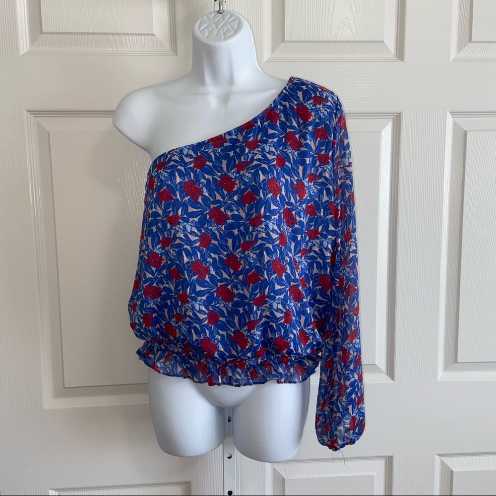 Lucky Brand One Shoulder Top Blue Red Floral Print Chiffon Small Elastic Waist